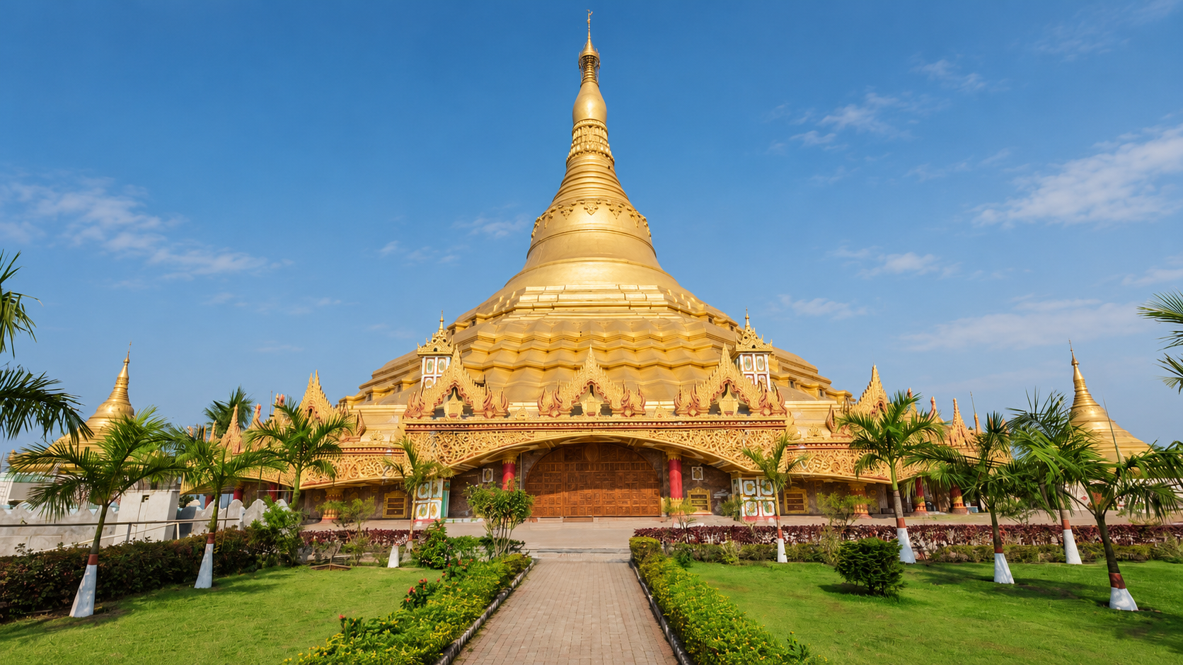 เจดีย์วิปัสสนาสากลสีทองตั้งอยู่กลางสวนใต้ท้องฟ้า